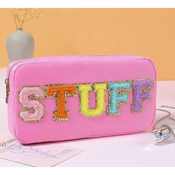 New Pink STUFF Nylon Makeup Bag Organizer with Chenille Letters - Picture 3 of 3